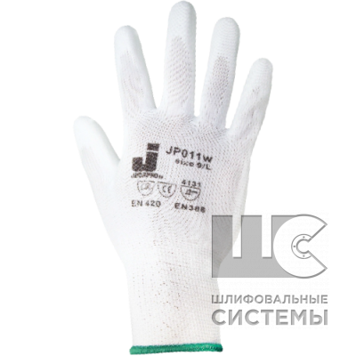 JP011w Защитные перчатки из полиэстеровой пряжи c полиуретановым покрытием, цвет белый, размер L (уп